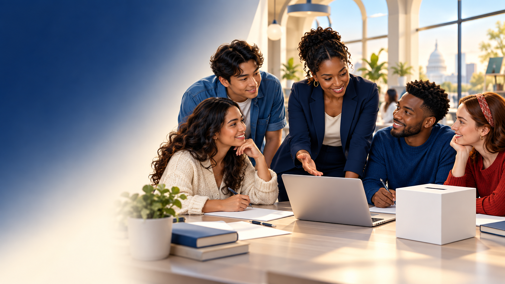 Illustration of an instructor and four adult learners talking around a laptop and notebooks in a bright civic-education classroom, with a domed capitol building visible through the windows.