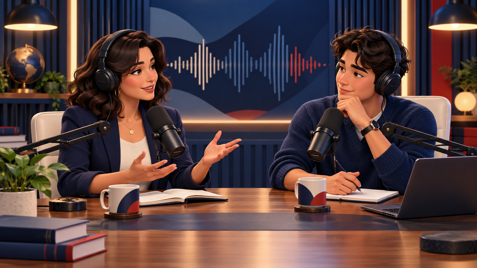 Illustration of two fictional adult podcast hosts wearing headphones and talking into studio microphones across a wooden table, with a sound-wave graphic on the wall behind them.