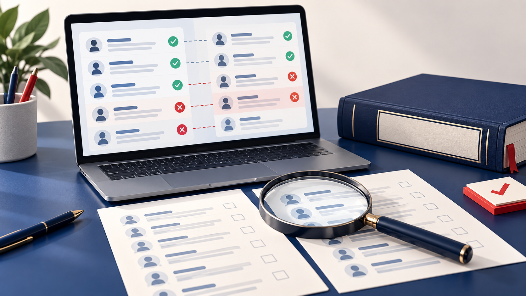 Illustration of a laptop comparing two columns of abstract record cards marked with green checks and red crosses, beside printed lists under a magnifying glass; the records are blank placeholders with no names or data.